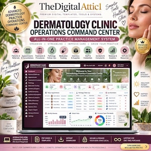 May include: A digital dermatology clinic operations command centre displayed on a laptop screen. The interface features a dashboard with patient data, appointment schedules, pathology follow-ups, revenue analytics, and inventory tracking for medical practices.