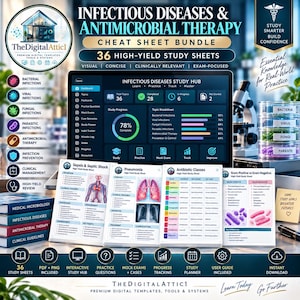 May include: A digital study bundle titled Infectious Diseases & Antimicrobial Therapy featuring 36 high-yield study sheets. The display includes a dashboard interface, medical diagrams, and charts covering topics like sepsis, pneumonia, and antibiotic classes.