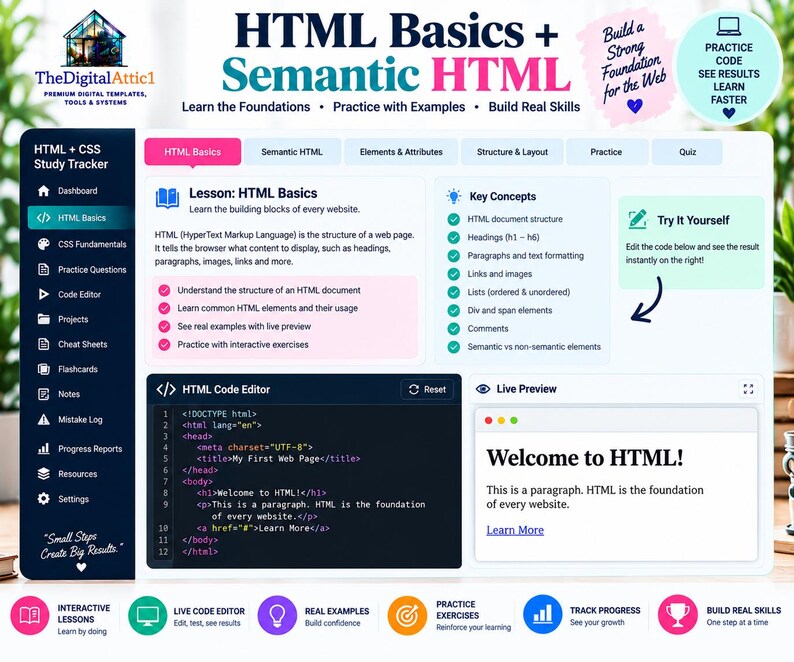 HTML + CSS Cheat Sheet Bundle + Interactive Web Design Practice Tracker image 4