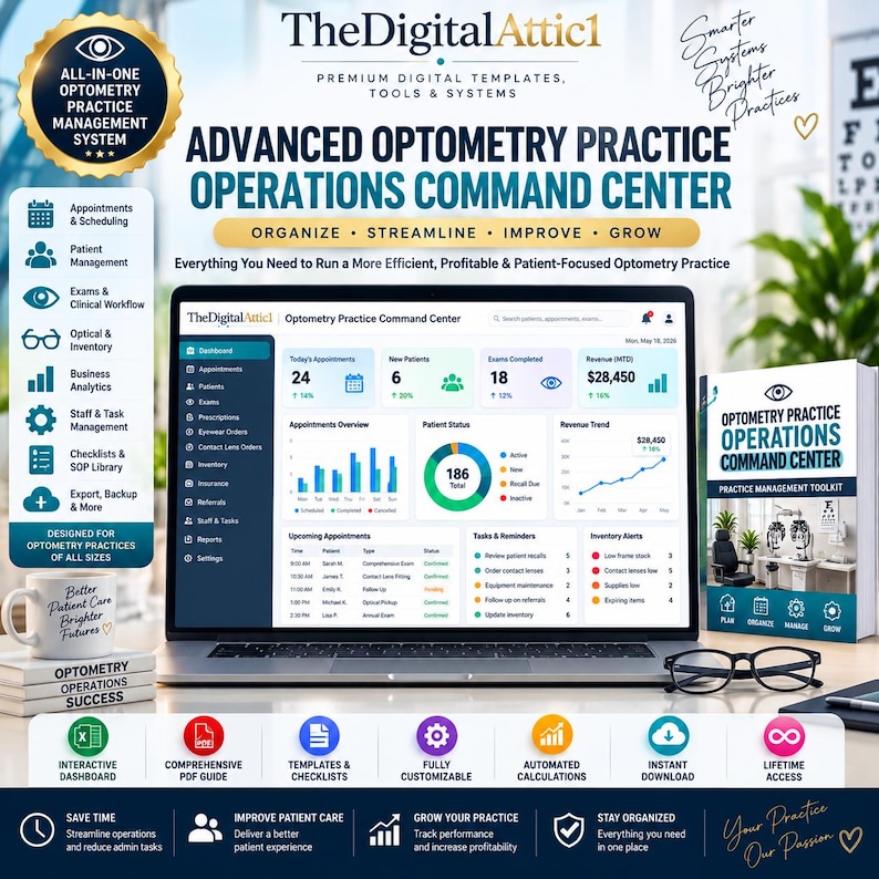 May include: A laptop displaying the Advanced Optometry Practice Operations Command Center dashboard, featuring appointment, patient, and revenue data. Beside it sits a book titled Optometry Practice Operations Command Center and black glasses.