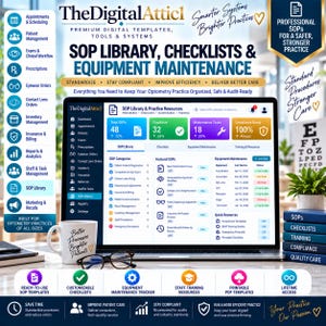 May include: A digital dashboard display for an optometry SOP library, checklists, and equipment maintenance system. The screen shows metrics, categories, and task lists. A white mug with text and black-rimmed glasses sit in the foreground.