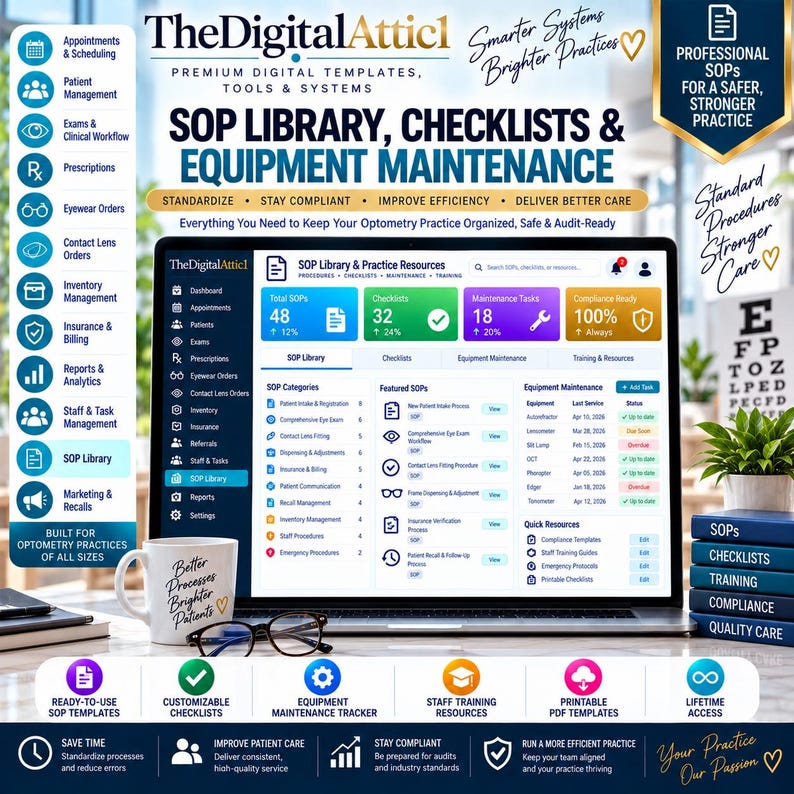 May include: A digital dashboard display for an optometry SOP library, checklists, and equipment maintenance system. The screen shows metrics, categories, and task lists. A white mug with text and black-rimmed glasses sit in the foreground.