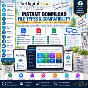 May include: A digital product advertisement for TheDigitalAttic optometry command center. The graphic displays file types, compatibility, and features including HTML, PDF, and CSV formats, shown on a laptop, tablet, and smartphone screen.
