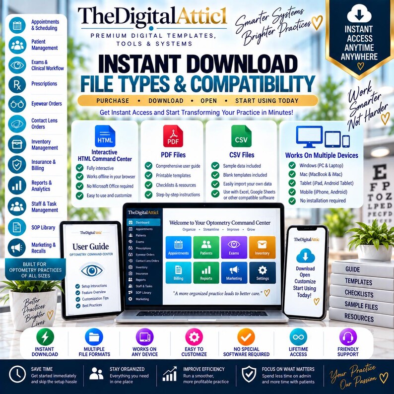 May include: A digital product advertisement for TheDigitalAttic optometry command center. The graphic displays file types, compatibility, and features including HTML, PDF, and CSV formats, shown on a laptop, tablet, and smartphone screen.