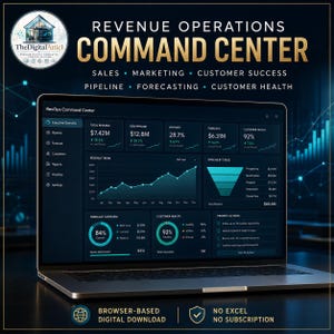 Può includere: Uno schermo di computer portatile che mostra una dashboard Revenue Operations Command Center con interfaccia blu scuro, grafici e metriche tra cui Total Revenue, New Pipeline, Win Rate, Forecast e Customer Health. Il testo include Sales, Marketing, Customer Success, Pipeline, Forecasting, Customer Health e Browser-Based Digital Download.