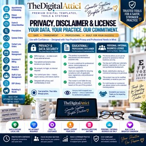 May include: A digital information sheet titled Privacy, Disclaimer & License for optometry practices. It features sections on data security, professional disclaimers, and business licensing, alongside a laptop, glasses, and a mug on a desk.