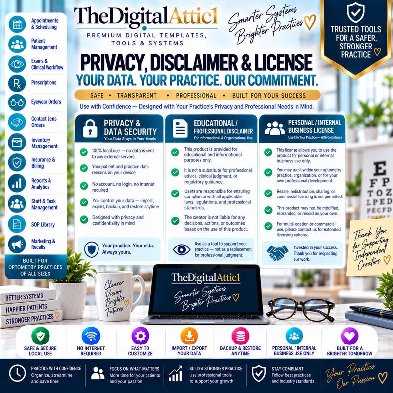 May include: A digital information sheet titled Privacy, Disclaimer & License for optometry practices. It features sections on data security, professional disclaimers, and business licensing, alongside a laptop, glasses, and a mug on a desk.