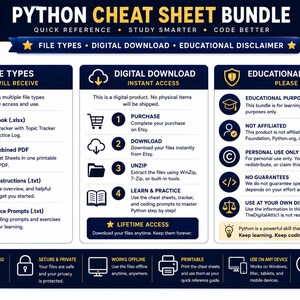 Python Cheat Sheet Bundle | Python Programming Study Guide | Coding Syntax Reference | Computer Science Student Notes afbeelding 15