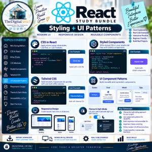 May include: A React Study Bundle infographic titled Styling + UI Patterns. It features sections on CSS in React, Styled Components, Tailwind CSS, and UI Component Patterns with code snippets, live examples, and design tips for responsive layouts.