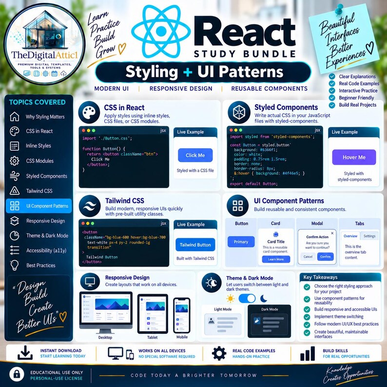 May include: A React Study Bundle infographic titled Styling + UI Patterns. It features sections on CSS in React, Styled Components, Tailwind CSS, and UI Component Patterns with code snippets, live examples, and design tips for responsive layouts.