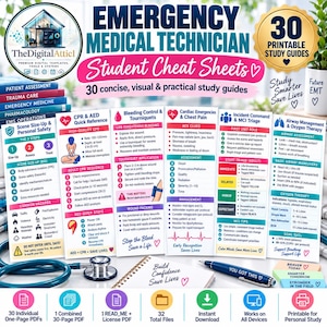 Puede incluir: Un conjunto de 30 guías de estudio imprimibles para técnicos en emergencias médicas con gráficos coloridos, iconos y texto sobre RCP, control de hemorragias, emergencias cardíacas y manejo de vías respiratorias, junto a un estetoscopio.