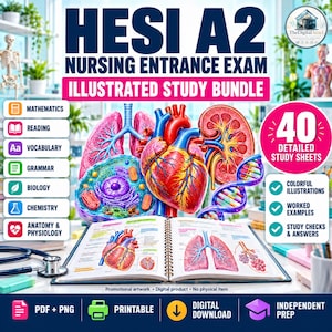 May include: HESI A2 Nursing Entrance Exam illustrated study bundle featuring 40 detailed study sheets. The digital product includes colorful anatomical illustrations of the heart, lungs, kidneys, and cells, plus a study guide with diagrams.