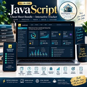JavaScript Cheat Sheet Bundle + Interactive Coding Practice Tracker immagine 1