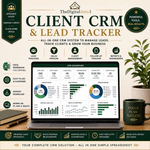 Puede incluir: Un panel digital de CRM y seguimiento de clientes potenciales en la pantalla de una computadora portátil. La interfaz muestra gráficos y métricas de clientes y ventas. El texto incluye TheDigitalAttic1, Client CRM & Lead Tracker.