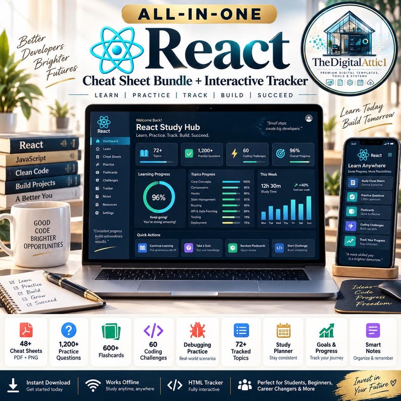May include: An all-in-one React cheat sheet bundle and interactive tracker displayed on a laptop and smartphone screen. The interface shows a React Study Hub dashboard with learning progress, topic tracking, and coding challenges in a dark theme.