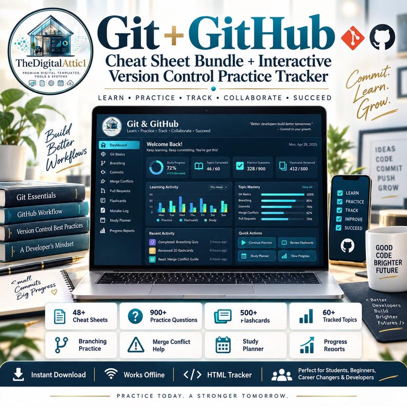 Git + GitHub Cheat Sheets + Interactive Version Control Tracker image 1