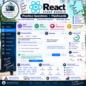 May include: A digital React study bundle dashboard featuring practice questions, flashcards, and a progress tracker. The interface includes sections for coding challenges, concept notes, and a 72% overall progress chart with blue, purple, and pink accents.