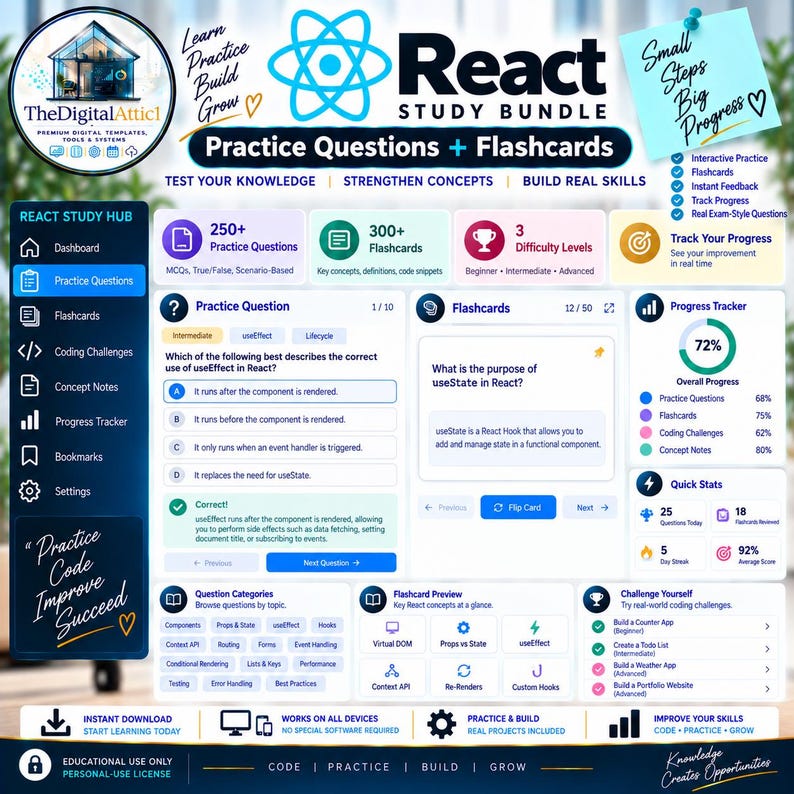May include: A digital React study bundle dashboard featuring practice questions, flashcards, and a progress tracker. The interface includes sections for coding challenges, concept notes, and a 72% overall progress chart with blue, purple, and pink accents.