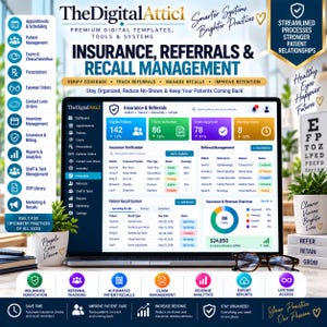May include: A laptop screen displays TheDigitalAttic software interface for insurance, referrals, and recall management. The dashboard shows patient data, claim statistics, and revenue overview. The layout includes navigation menus, data tables, and colorful charts for optometry practice management.