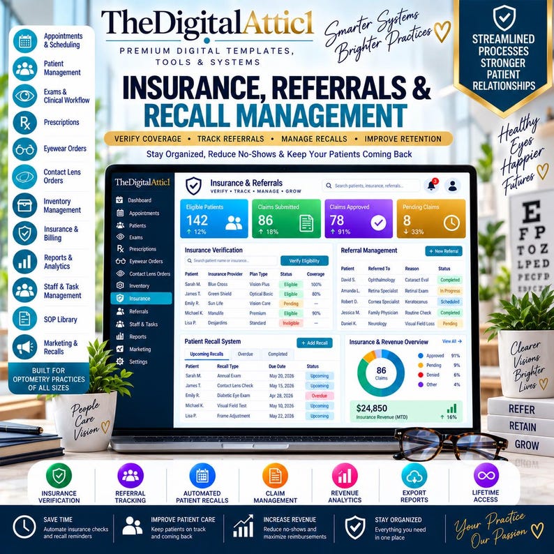 May include: A laptop screen displays TheDigitalAttic software interface for insurance, referrals, and recall management. The dashboard shows patient data, claim statistics, and revenue overview. The layout includes navigation menus, data tables, and colorful charts for optometry practice management.
