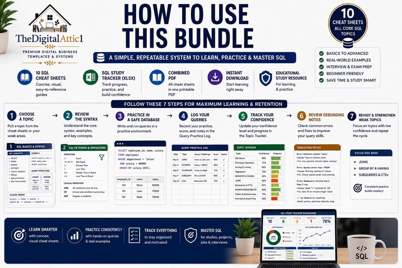 SQL Cheat Sheet Bundle | SQL Study Guide | Database Queries JOINs CTEs | Data Analyst Computer Science Student Notes image 7