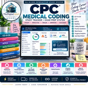 May include: A digital CPC medical coding study tracker and exam prep system displayed on a laptop screen. The interface shows progress analytics, study streaks, and subject mastery. Includes a stack of labeled books, a mug, and feature icons.