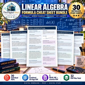 Pacchetto di schede riassuntive di algebra lineare / 30 guide di studio con formule in formato PDF