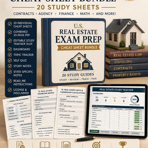 May include: A U.S. Real Estate Exam Prep cheat sheet bundle featuring a binder, study sheets, and a digital tracker. The materials include 20 study guides covering contracts, agency, finance, and math, with a house icon and text throughout.