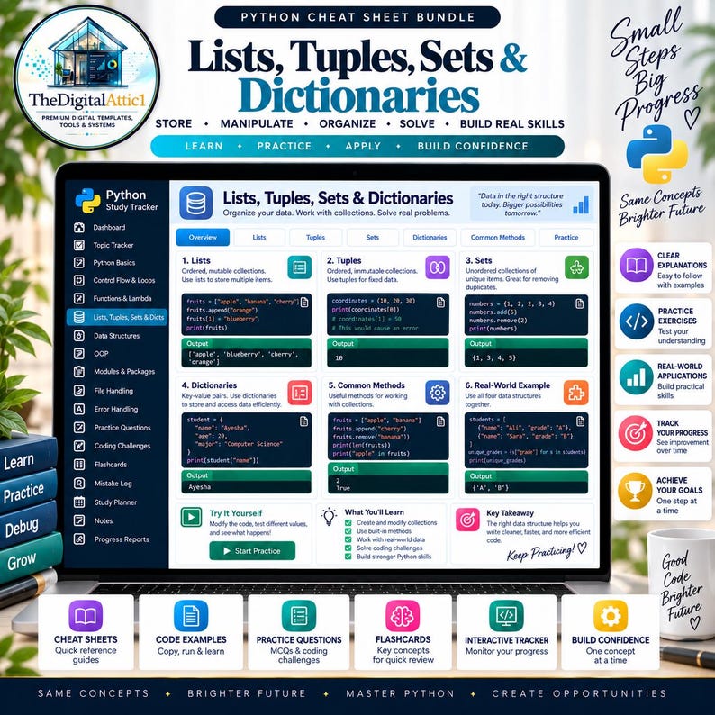 Python Cheat Sheet Bundle + Interactive Coding Practice Tracker imagem 7