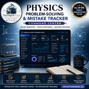 May include: A digital physics problem-solving and mistake tracker command centre displayed on a laptop screen. The interface shows data dashboards, charts, and physics formulas. Beside the laptop are physics textbooks, a Newton's cradle, and a mug.