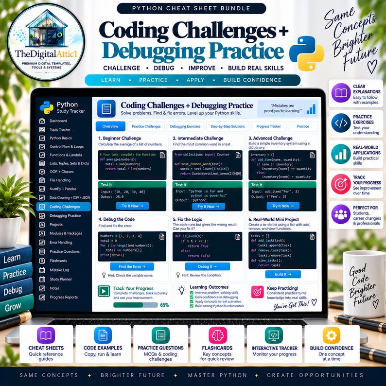 Python Cheat Sheet Bundle + Interactive Coding Practice Tracker imagem 12