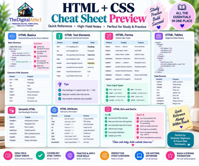 HTML + CSS Cheat Sheet Bundle + Interactive Web Design Practice Tracker image 17