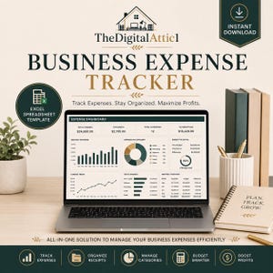 May include: A laptop displaying a Business Expense Tracker Excel spreadsheet template with charts, graphs, and financial data. The screen shows an expense dashboard with total expenses, monthly trends, and category breakdowns in dark green and beige tones.