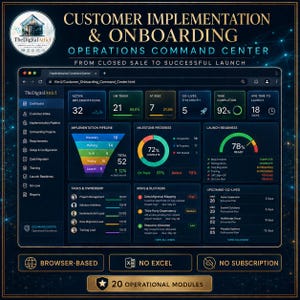 May include: A digital dashboard titled Customer Implementation & Onboarding Operations Command Center. The interface displays metrics, an implementation pipeline funnel, milestone progress, launch readiness, task ownership, and upcoming go-lives.