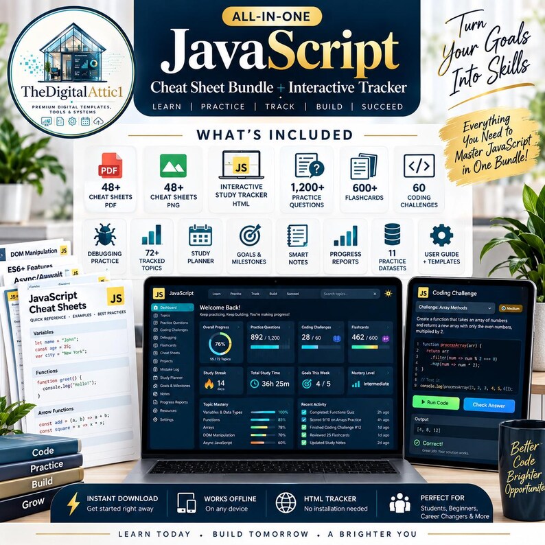 JavaScript Cheat Sheet Bundle + Interactive Coding Practice Tracker immagine 2