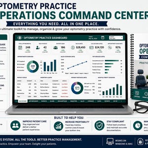 K&ouml;nnte beinhalten: Ein digitales Toolkit f&uuml;r die Verwaltung einer Optometrie-Praxis auf einem Laptop-Bildschirm, mit einem Dashboard voller Diagramme, Patientendaten und Finanz&uuml;bersichten, erg&auml;nzt durch ein spiralgebundenes Handbuch und eine schwarze Brille.