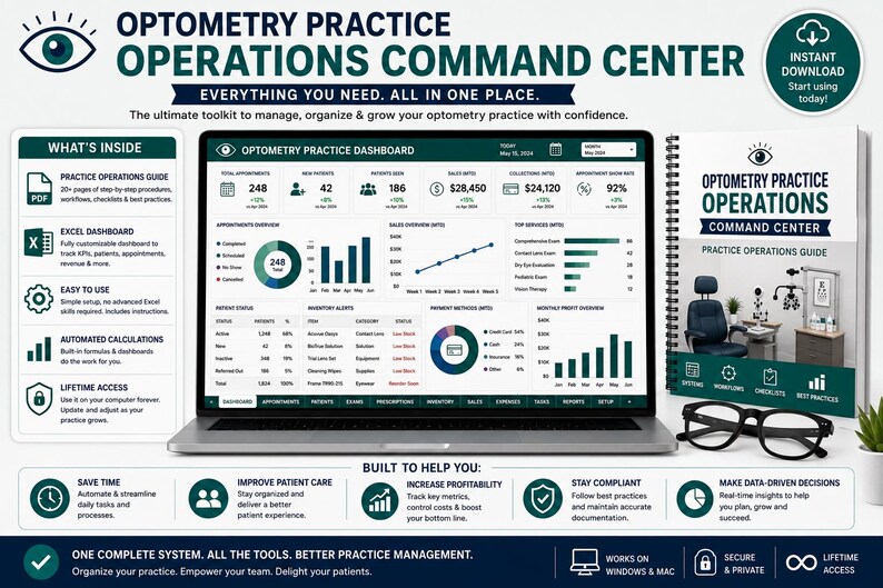 K&ouml;nnte beinhalten: Ein digitales Toolkit f&uuml;r die Verwaltung einer Optometrie-Praxis auf einem Laptop-Bildschirm, mit einem Dashboard voller Diagramme, Patientendaten und Finanz&uuml;bersichten, erg&auml;nzt durch ein spiralgebundenes Handbuch und eine schwarze Brille.