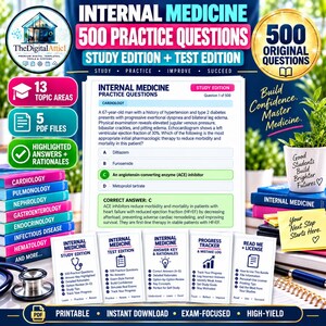 May include: A digital study guide for internal medicine featuring 500 practice questions, including study and test editions, 13 topic areas, and 5 PDF files. The materials include highlighted answers, rationales, a progress tracker, and a mistake log.