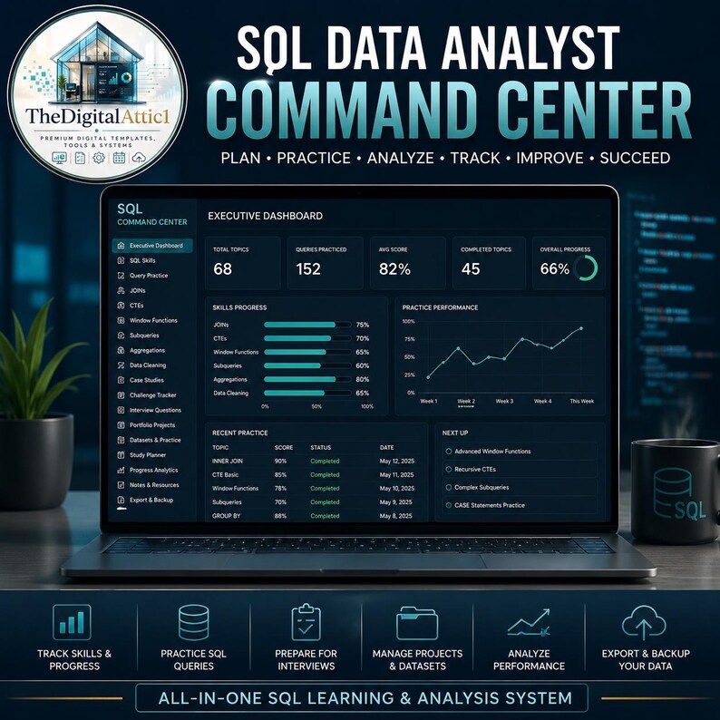 SQLデータアナリストコマンドセンター | SQL学習プランナー、クエリ練習、ポートフォリオプロジェクト＆面接トラッカー | インタラクティブHTMLダッシュボード 画像 1