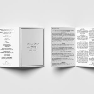 May include: A white wedding program, open to display the text. The cover features the words "Love & Samuel" and "Wedding Procession" with the date 1. 5. 2023. The interior pages contain printed text in English and Hebrew.