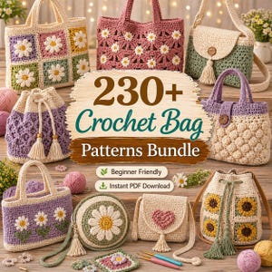 May include: A collection of crochet bags in various styles and colors, including tote bags, drawstring bags, and crossbody bags. The bags feature floral and geometric patterns, with the text "230+ Crochet Bag Patterns Bundle".