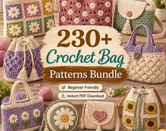 230+ Crochet Bag Patterns Bundle, Granny Square Tote, Floral Handbag, Boho Market Bag Digital Download