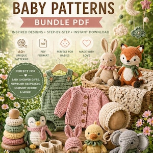 Può includere: Immagine di un pacchetto di modelli all'uncinetto per bambini in PDF. L'immagine presenta vari articoli per bambini all'uncinetto, tra cui una tutina verde, un cardigan rosa e diversi animali di peluche. Il testo recita "60+ Crochet Baby Patterns".