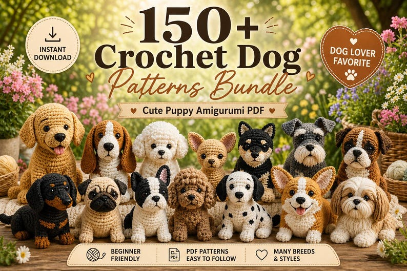 May include: A collection of crocheted dog amigurumi in various breeds, including a golden retriever, beagle, and pug. The image features the text "150+ Crochet Dog Patterns Bundle" and "Cute Puppy Amigurumi PDF". The background is a blurred outdoor scene.