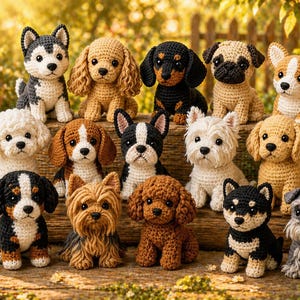 May include: A collection of crocheted dog figurines in various breeds and colors, including a husky, dachshund, pug, and corgi. The handmade dogs are arranged on a wooden surface, surrounded by greenery and flowers.