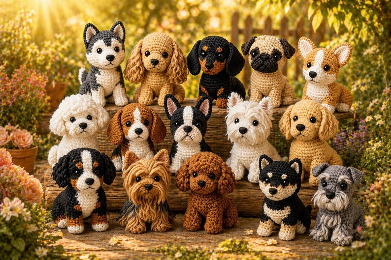 May include: A collection of crocheted dog figurines in various breeds and colors, including a husky, dachshund, pug, and corgi. The handmade dogs are arranged on a wooden surface, surrounded by greenery and flowers.