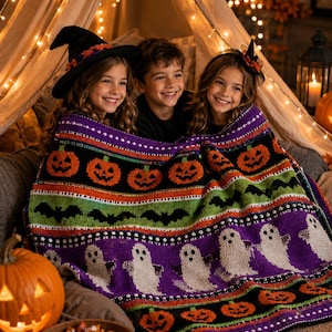 Halloween Crochet Blanket Pattern PDF, Halloween Dreams Blanket, Pumpkin Ghost Bat Cat Blanket, Instant Download US Terms
