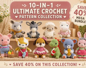 Paquete de 10 patrones de animales de ganchillo, juguetes amigurumi, patrones en PDF para principiantes.