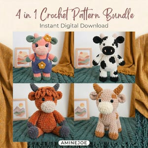 Könnte beinhalten: Ein Häkelmuster-Bundle mit vier verschiedenen Kuh-Designs. Das Bild zeigt eine rosa-grüne Kuh mit blauen Latzhosen, eine schwarz-weiße Kuh, eine braune Kuh mit Hörnern und eine beige Kuh. Der Text lautet "4 in 1 Crochet Pattern Bundle" und "Instant Digital Download".