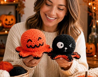 Patrón de ganchillo reversible de pulpo en PDF, amigurumi de gato y calabaza de Halloween, juguete de ganchillo 2 en 1 (descarga digital)